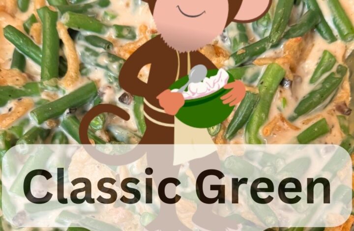 Classic Fresh Green Bean Casserole featured image for Fuzzy Monkey’s Kitchen with a monkey mascot logo.