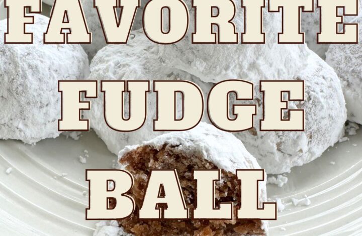 A white plate of powdered sugar-coated fudge ball cookies with large text overlay reading "Family Favorite Fudge Ball Cookie" and one bitten cookie in the foreground.
