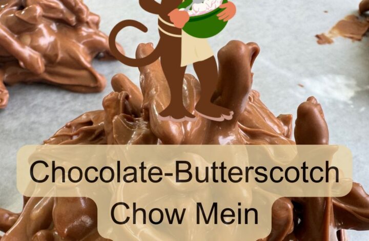 A Pinterest-optimized graphic for Chocolate-Butterscotch Chow Mein Clusters featuring a cartoon monkey chef logo and a high-detail close-up of a glossy, chocolate-coated noodle treat.