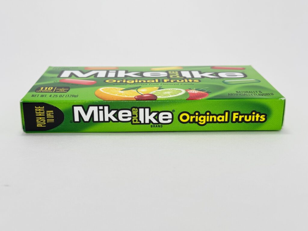 Close-up of the side of the box of Mike and Ike theater box showing label.